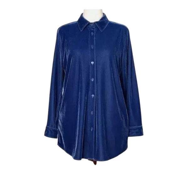 Soft Surroundings Royal Blue Velvet Button Down  Long Tunic Cozy Shirt Sz L - Picture 6 of 7
